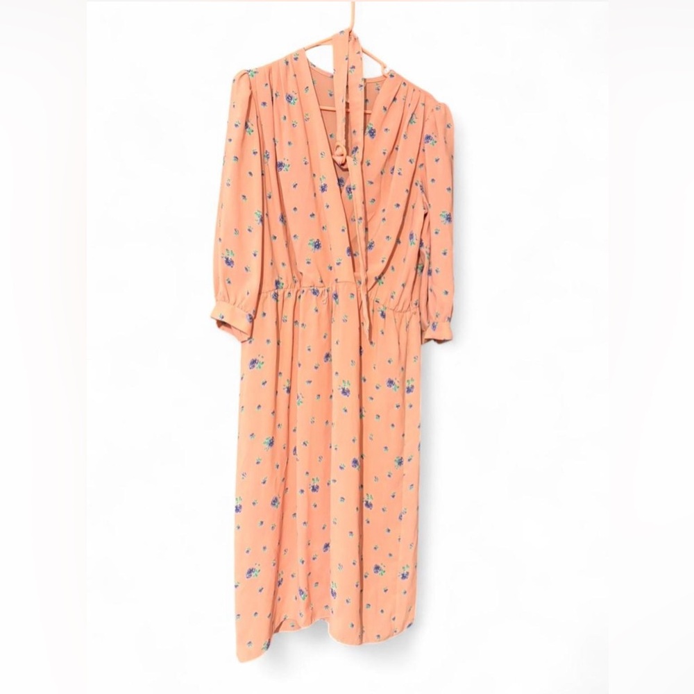Vintage 80's Peach Floral 3/4 Sleeve Midi Dress